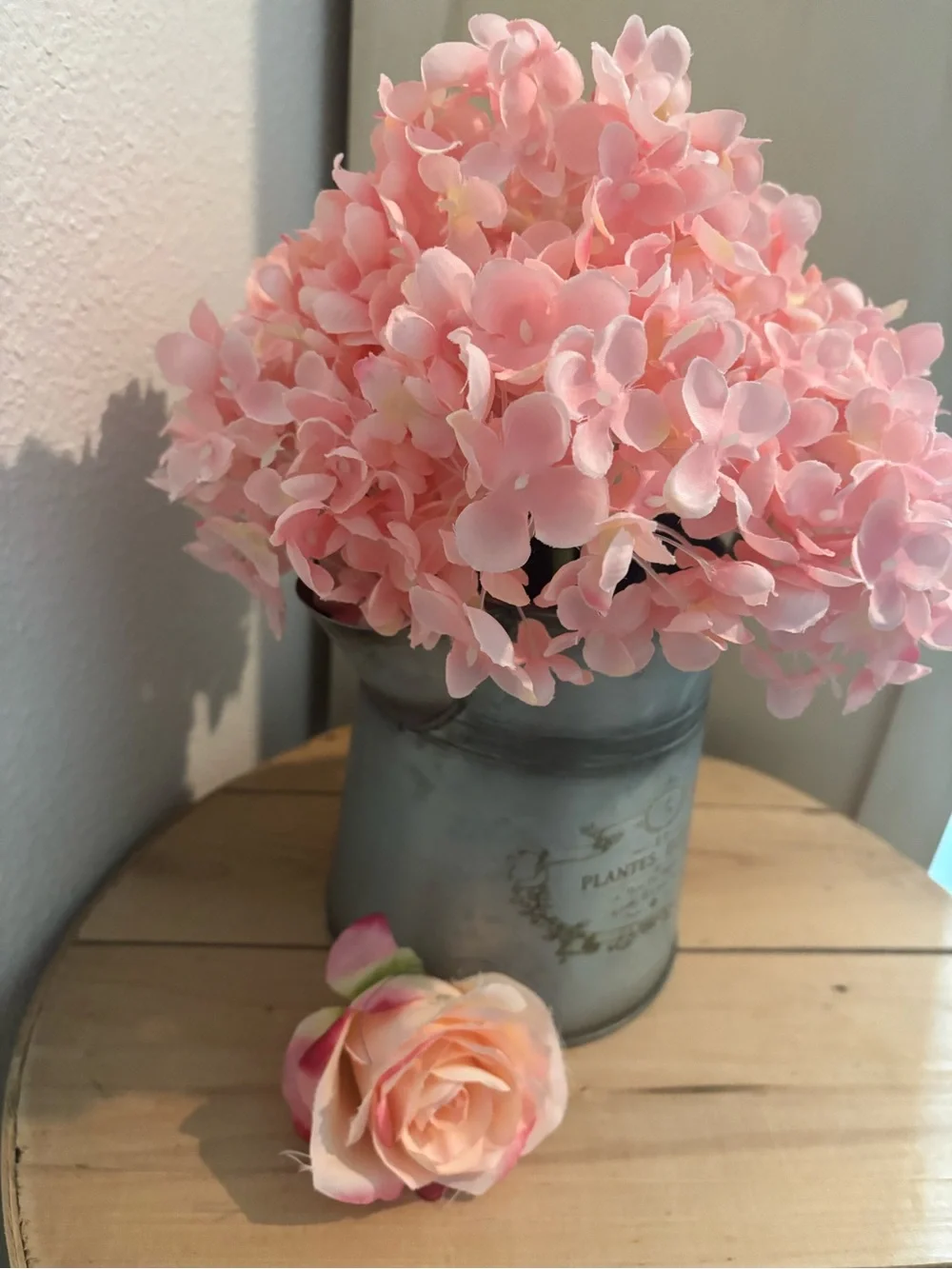 Hand Crafted Soft Pink Hydrangea Bouquet in Metal Pitcher Final Sale